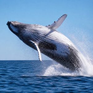 Humpback whale breaching off Diani Beach Kenya during seasonal whale watching tour