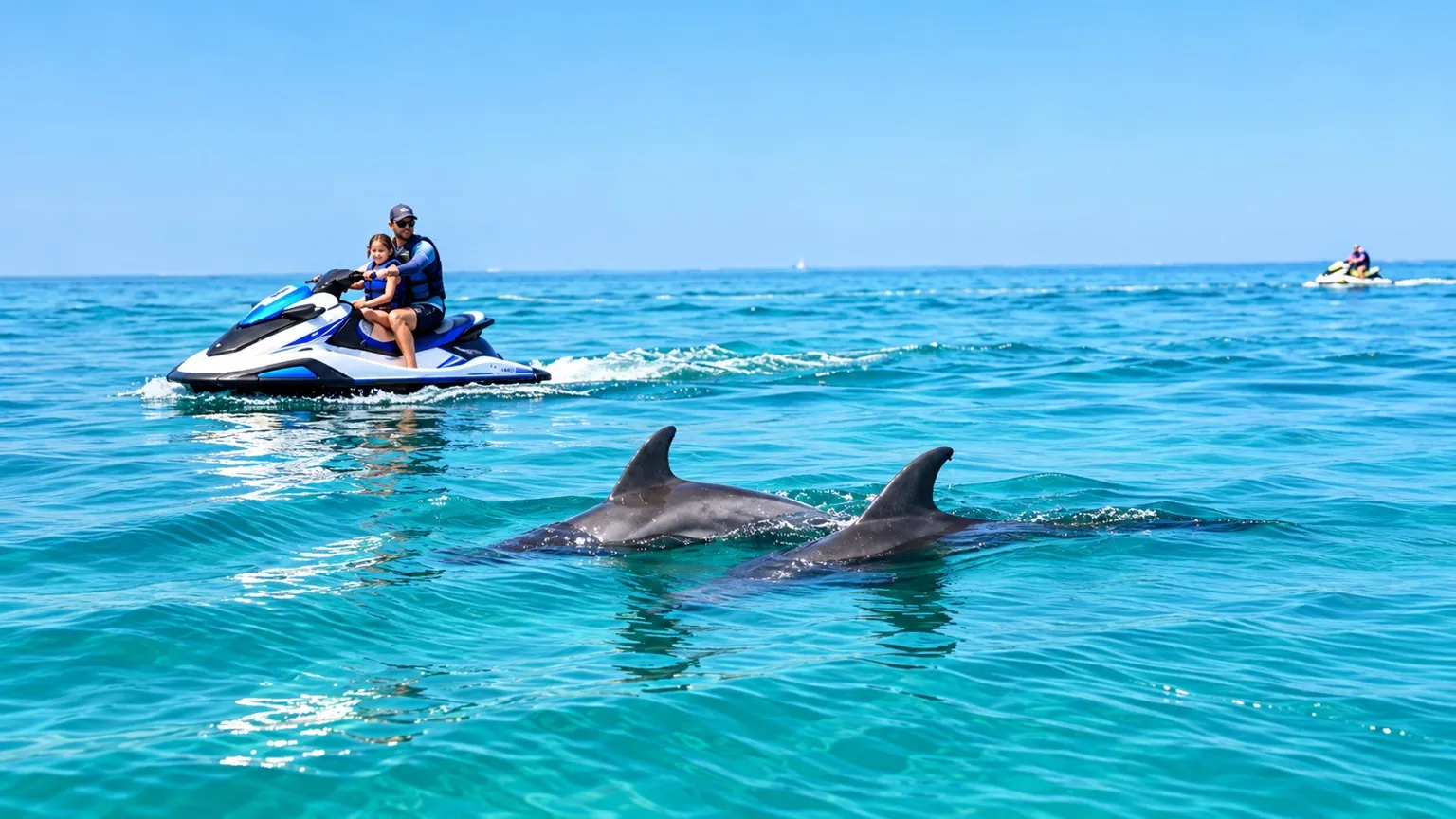 Two wild dolphins swimming near a blue Yamaha jet ski carrying an adult and child on a guided dolphin safari in Diani Beach, Kenya.