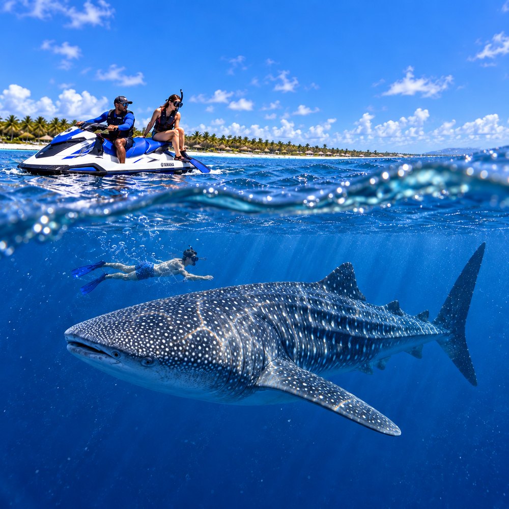 Jet ski with two riders above the water and a snorkeller swimming beside a whale shark below