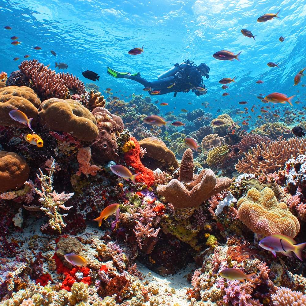 Scuba diver swimming above a coral reef surrounded by tropical fish in Diani Beach, Kenya.
