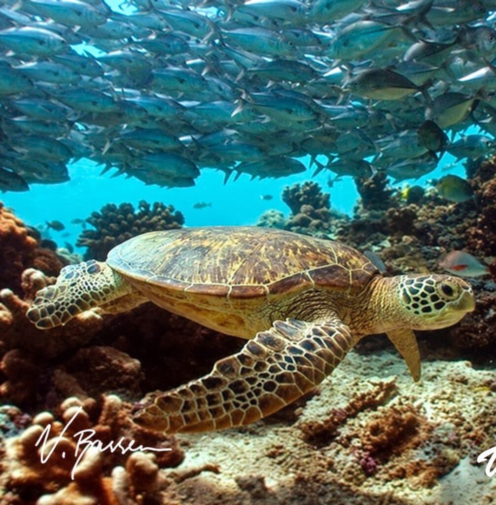 Sea turtle swimming over a coral reef beneath a school of fish.