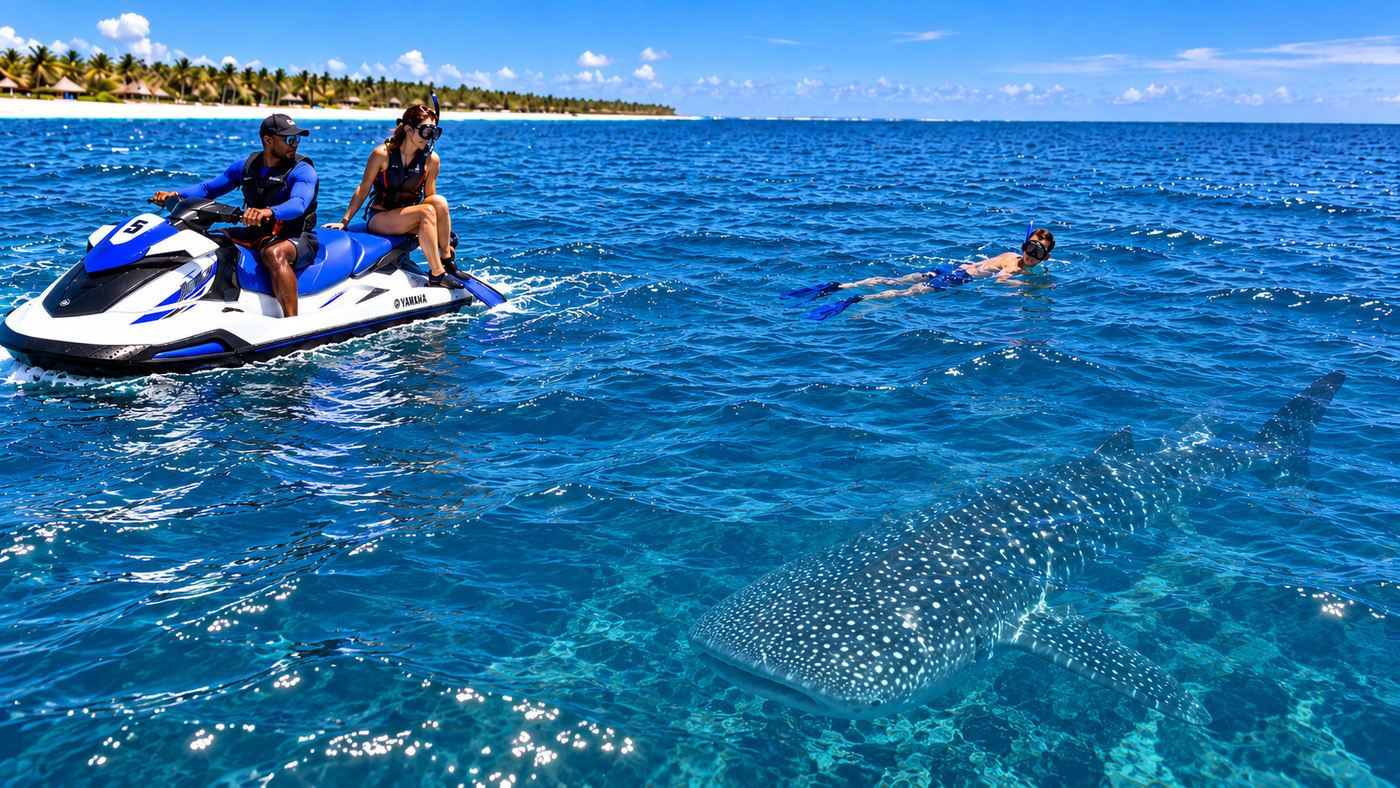 Snorkeler observing a whale shark underwater during a guided jet ski safari off Diani Beach, Kenya