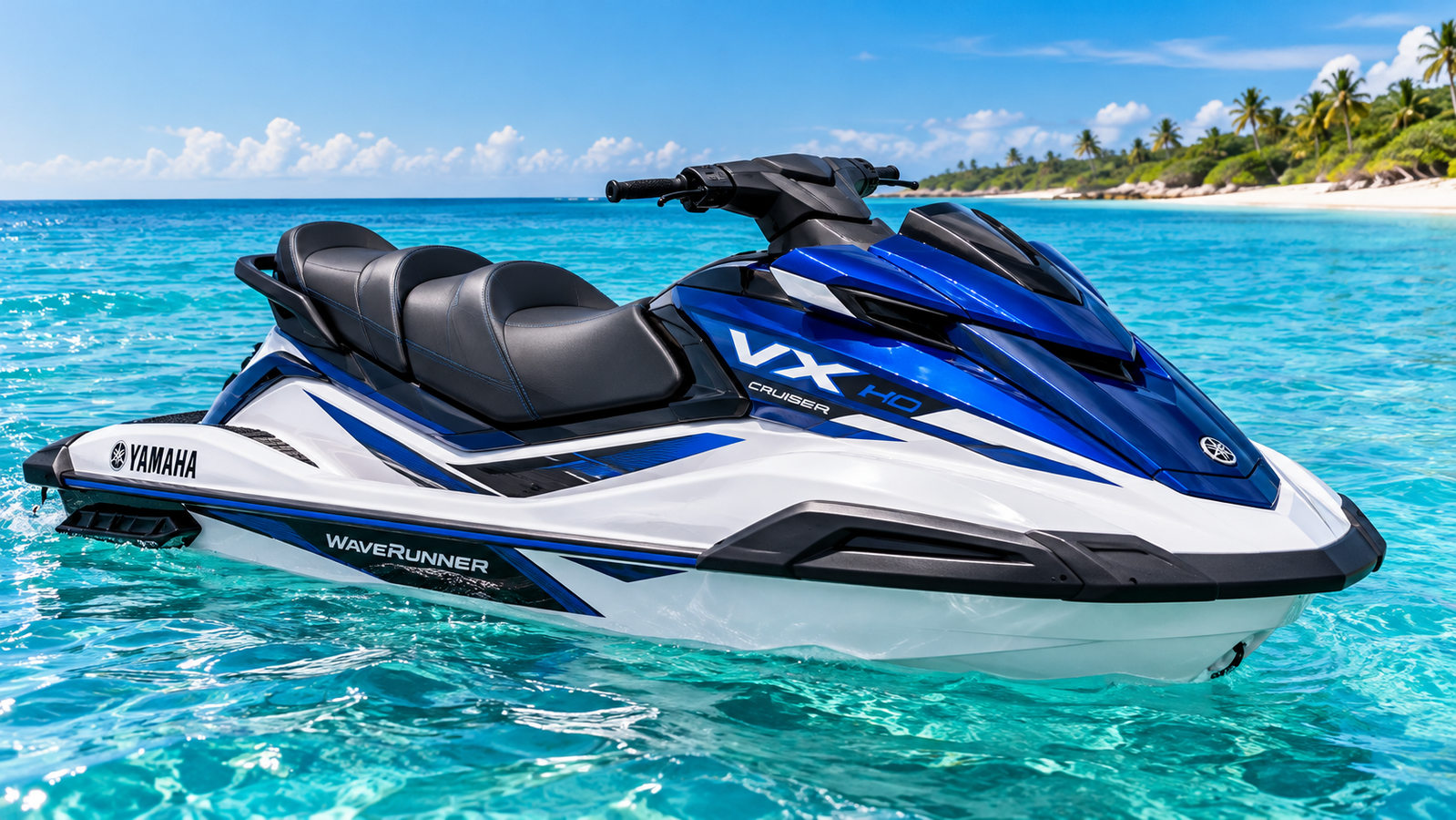 Blue, white and black Yamaha jet ski floating in turquoise water off Diani Beach, Kenya, used for Whale Shark Adventures marine wildlife expeditions